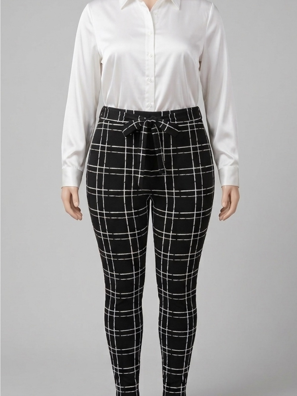 Black & White Plaid Tie-Waist Ponte Leggings